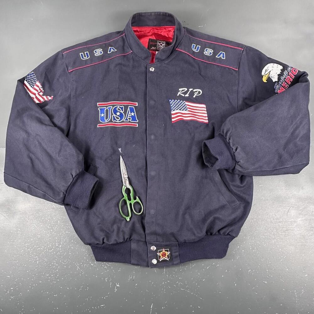 VTG Spirt Of America Jacket Mens 2XL Navy Blue Bomber Embroidered Flag Trump USA - Picture 5 of 11